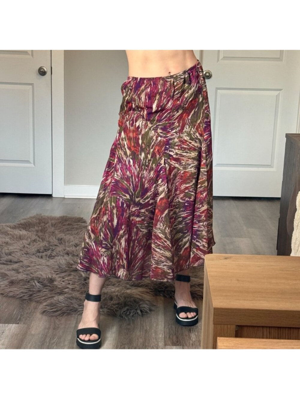 Boho Abstract Maxi Skirt Womens 10P Flowy Earth Tone Festival Coastal Chic Skirt - Picture 5 of 7